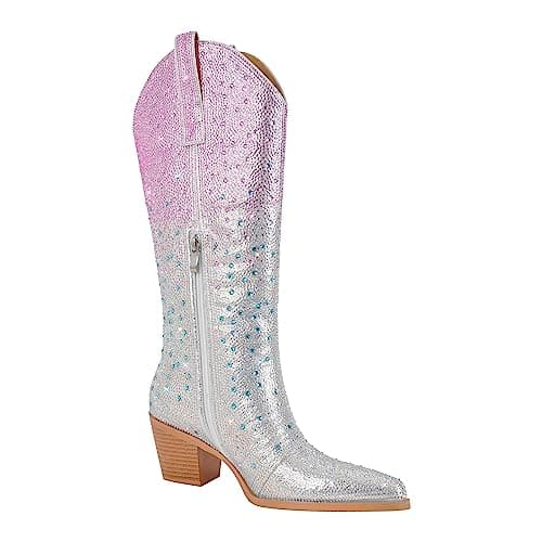 Women's Rhinestone Chunky Heel Knee High Boots