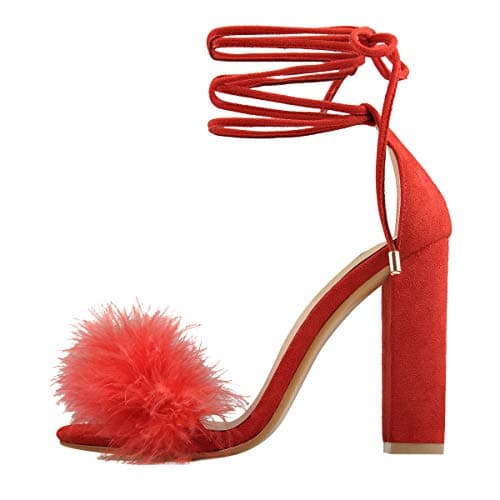 Richealnana Women's Fuzzy Cozy Strappy Feather Heeled Sandals — Red