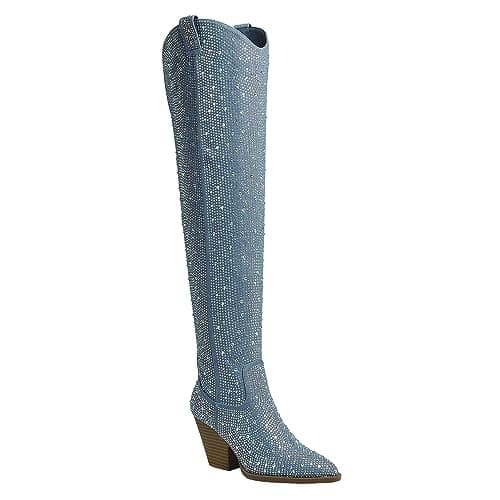 ABSOLEX Women's Western Cowgirl Rhinestone Mid-Calf Boots — Blue Denim