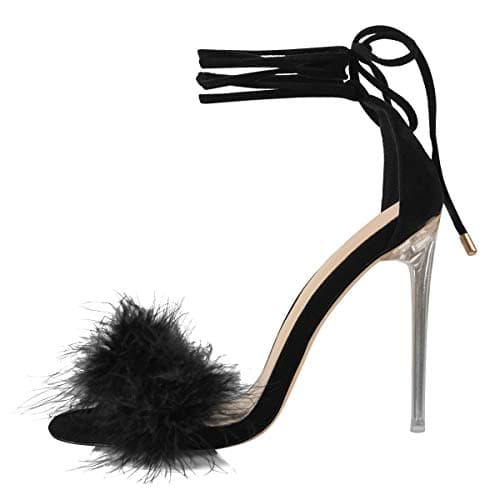 Women's Fuzzy Strappy Wrapped Feather Sandals — Black