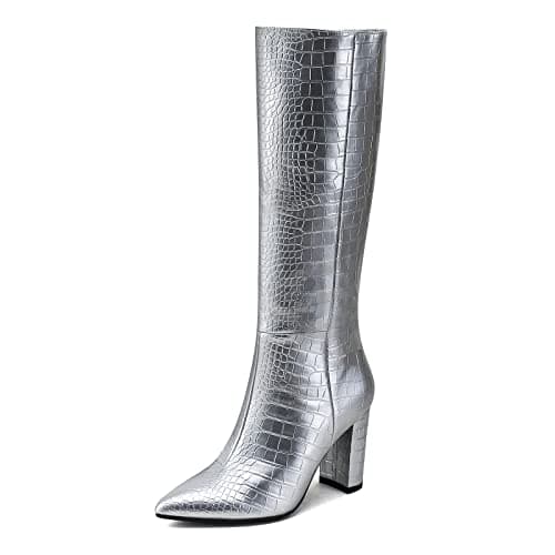 Modatope Women's Tall Knee High Block Heel GoGo Boots - Size 6-11 — Silver