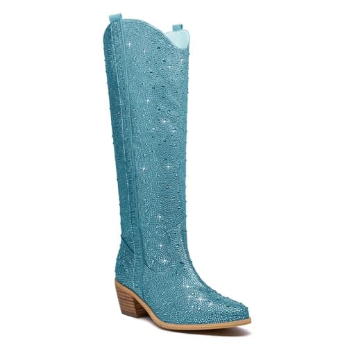KEEISEA Women's Sparkle Rhinestone Cowboy Boots Wide Glitter Fashion Party — Knee-high Teal