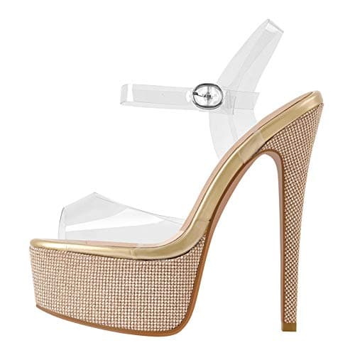 Richealnana Women's Clear PVC Glitter Stiletto Heel Sandals — Gold