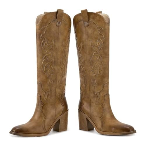 Wetkiss Women's Embroidered Knee High Cowboy Boots with Chunky Heel
