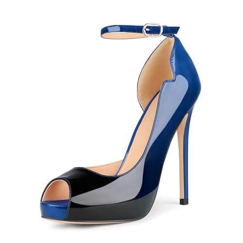Eithy Women's Thin High Heel Pumps for Party and Daily Wear — Blue Black With Ankle Straps