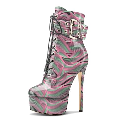 Womens Aachcol Stiletto Heel Platform Ankle Boots Patent Leather Zipper Buckle — Multicolor