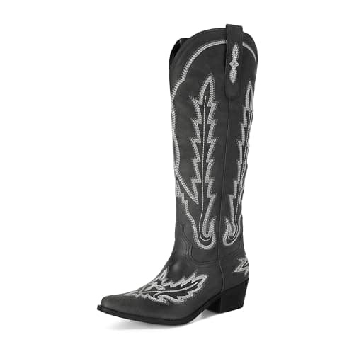 Stalov Western PointedToe Chunky Heel Knee High Cowgirl Boots — Black-embroidered
