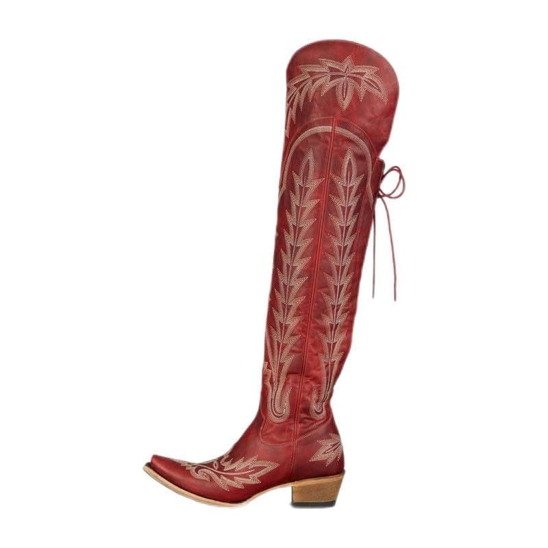 Western Cowboy Boots for Women Embroidered Thigh-High Cowgirl Style — Red