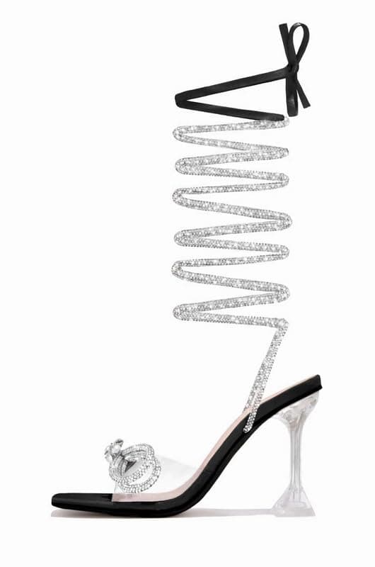 Sexytag Diamante Bow Rhinestone Stiletto Heels Lace Up Sandals — Black