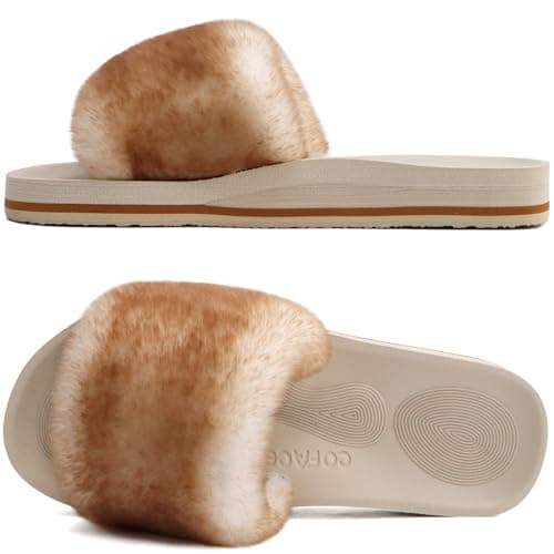 COFACE Women's Memory Foam Plush Slip-On Slippers Anti-Skid Fur Indoor Outdoor — Whitekhaki