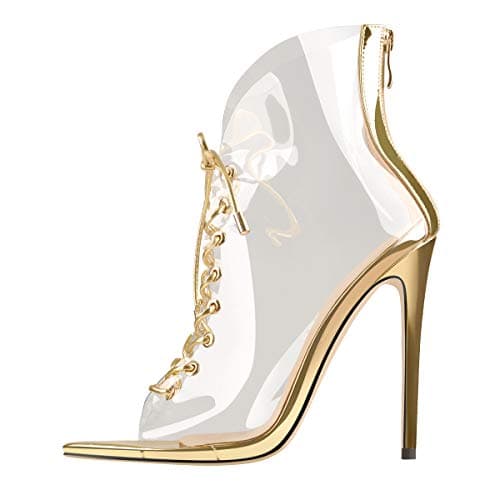 Richealnana Women's Clear Stiletto Heel Lace Up Sandals — Gold