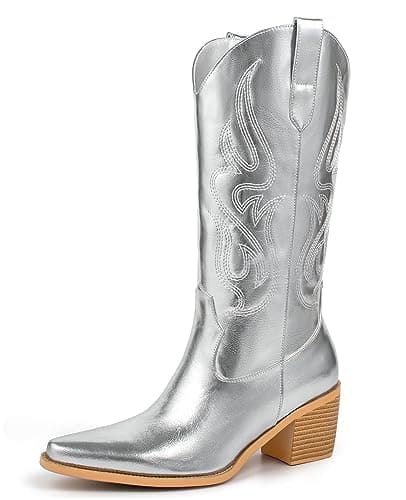 Pasuot Western Mid Calf Boots for Women with Embroidery — Metallic Silver