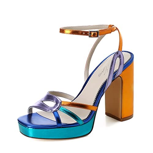 Sun Gurg Women's Multicolored Square Toe Platform Heels for Prom Night — Orange/Navy/Blue