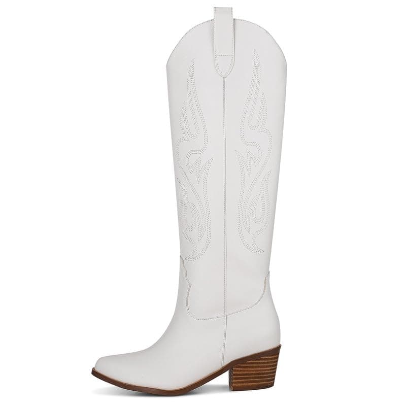 AMINUGAL Women's Black Western Knee High Cowgirl Boots, Embroidered, Chunky Heel, 13.77 inches — F-white