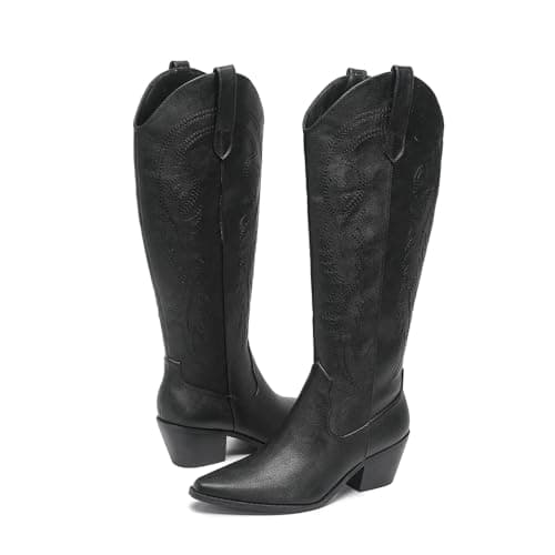 Amoji Women's Western Cowboy Knee High Boots with Zipper 307 — 307-black