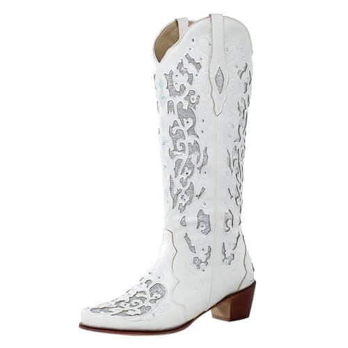 KiutSymo Sparkly Vintage Embroidered Cowgirl Boots Mid Calf Heel Wedding Western — White01