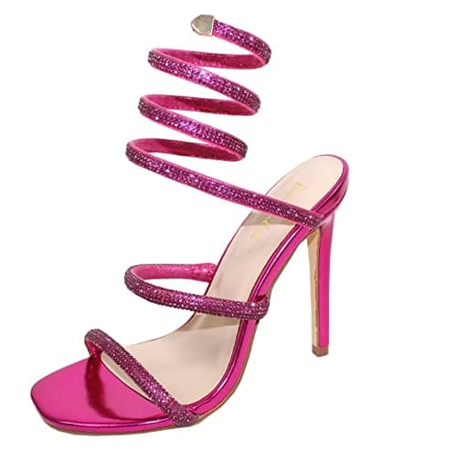 Bonnibel Women's Rhinestone Spiral Ankle Strap Heels Sandals — Fuchsia Rhinestone
