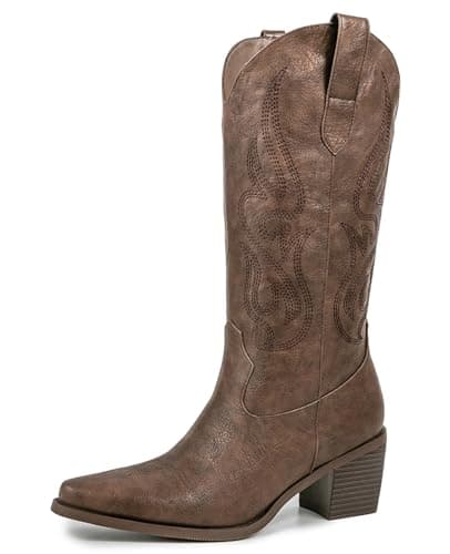 Pasuot Western Mid Calf Boots for Women with Embroidery — Brown