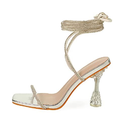 Women's Rhinestone Lace-Up Sandals with Clear Heels for Party and Prom — Silver