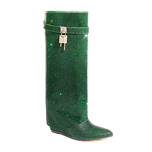 MUTTO-1 Women's Rhinestone Knee-High Fold-Over Wedge Heel Boots — Green 1c