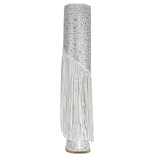 Ouepiano Women's Fringe Rhinestone Zipper Knee High Cowboy Boots for Girls Party Date
