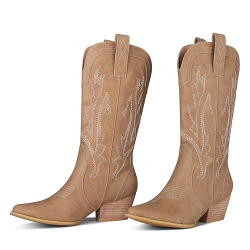 FemFlame Women's Pointed Toe Mid Calf Cowboy Boots