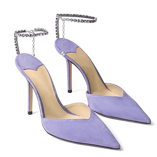 LauraVicci Women's Crystal Chain Heeled Sandals with Rhinestones Buckle Satin Shoes — Purple Suede