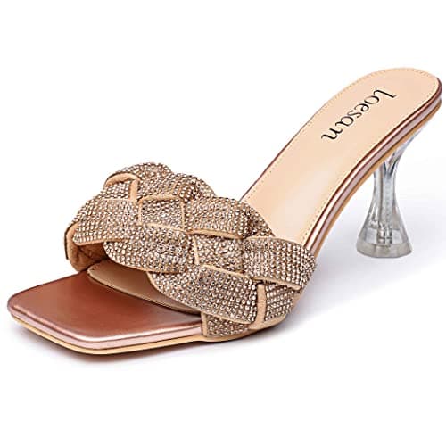 Loesan Women's Clear Lucite Rhinestone Heeled Mules Slip-On Wedding Slippers — Champagne