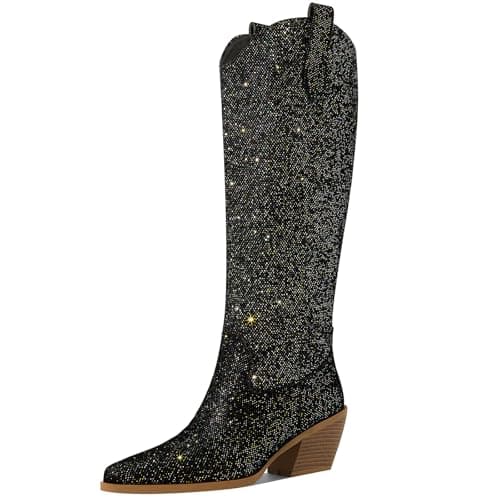 Gothictor Sparkly Knee High Cowboy Boots for Women — Gold