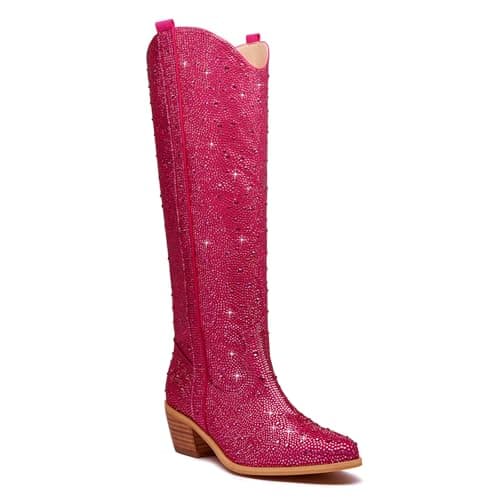 KEEISEA Women's Sparkle Rhinestone Cowboy Boots Wide Glitter Fashion Party — Knee-high Rose