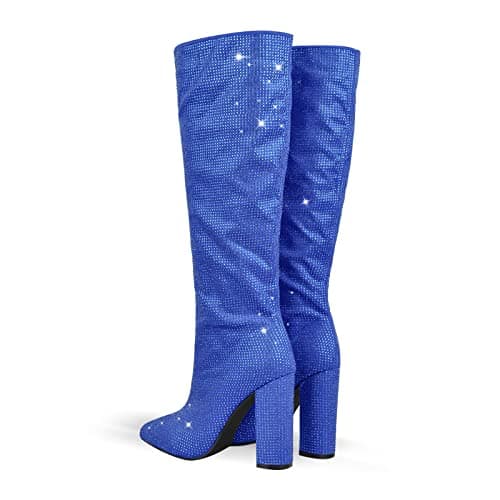 Richealnana Women's Rhinestone Block Heel Knee-High Boots
