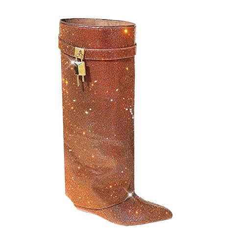 MUTTO-1 Women's Rhinestone Knee-High Fold-Over Wedge Heel Boots — Bronze Rhinestone