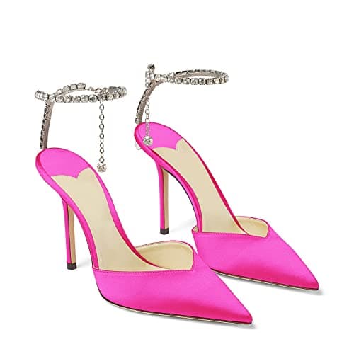 LauraVicci Women's Crystal Chain Heeled Sandals with Rhinestones Buckle Satin Shoes — Rose Red Satin