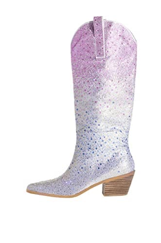 MissHeel Sparkly Rhinestones Knee-High Boots Chunky Heels — Mix Pink