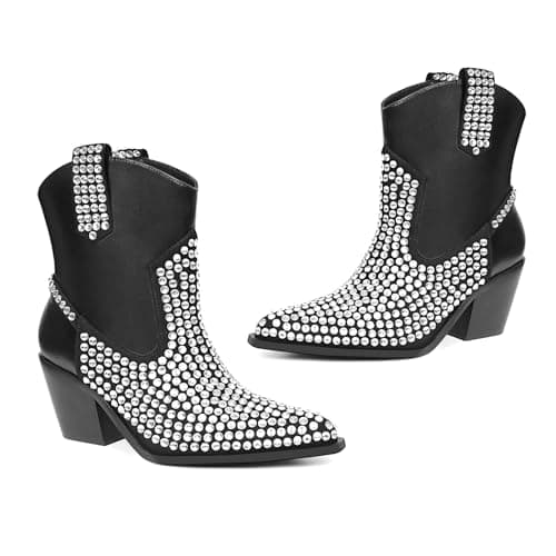 Gioanroca Rhinestone Cowboy Ankle Boots for Women Glitter Party Shoes