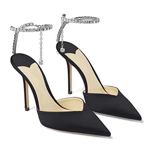 LauraVicci Women's Crystal Chain Heeled Sandals with Rhinestones Buckle Satin Shoes — Black Satin