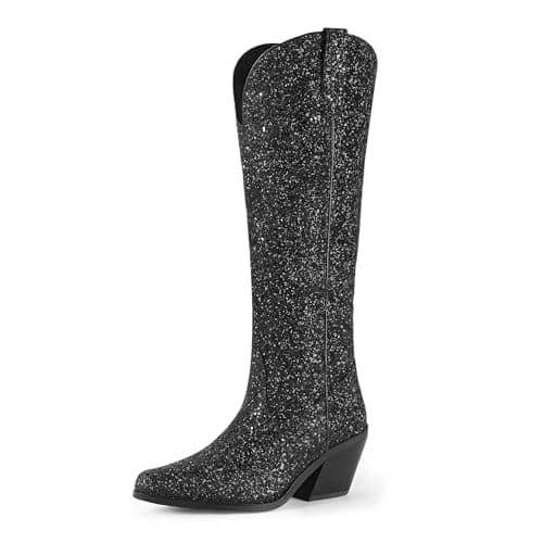 IDIFU IN3 Sparkly Glitter Boots for Women Knee High Wedding Party — Black