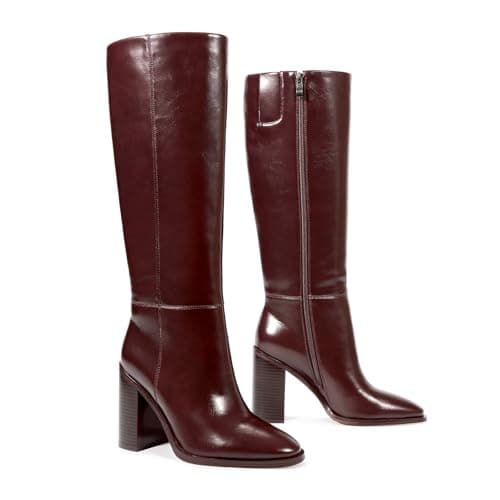 ISNOM Knee High Chunky Heel Zipper Boots for Tall Women