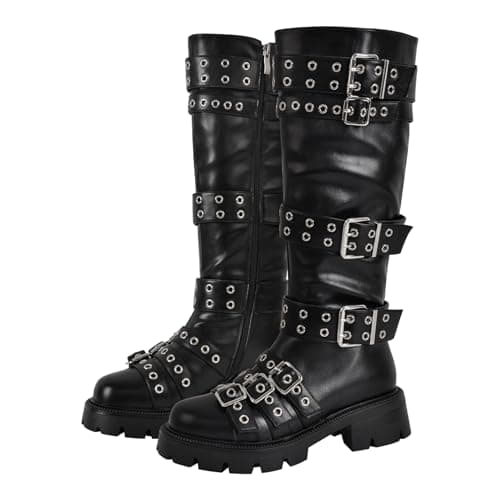 Richealnana Women's Combat Knee High Boots with Lug Sole and Gothic Buckles