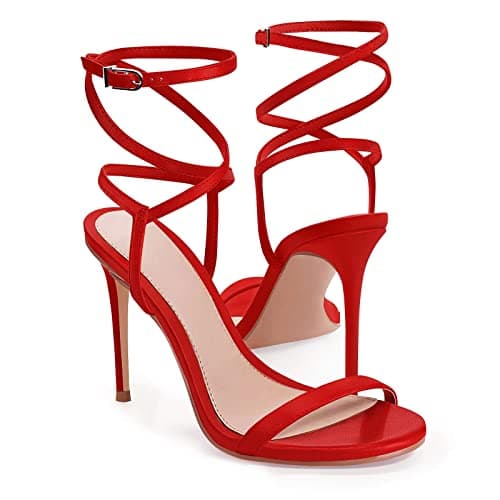 Coutgo Womens Strappy Lace-Up Heels Sandals Summer Dress Shoes — Red