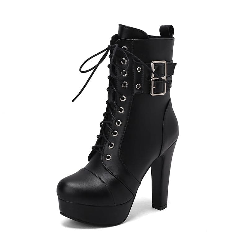 ForeMode Women's Gothic Leather Ankle Boots with Studded Strap — Black-h338-10