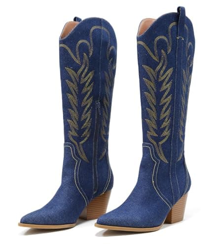 Comfortable Women's Arromic Embroidered Knee High Western Cowgirl Boots — Denim Blue