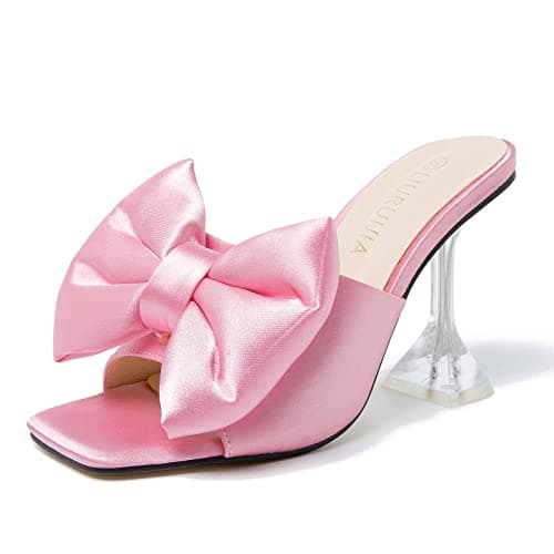 LIURUIJIA Women's Bow Heels Mules Slip-On Wedding Shoes — Pink