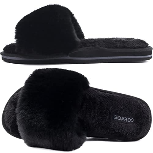 COFACE Women's Memory Foam Plush Slip-On Slippers Anti-Skid Fur Indoor Outdoor — Black With Fur