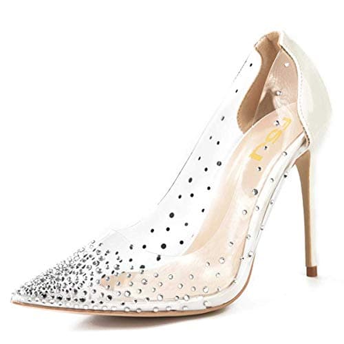FSJ Women's Studded Pointed Toe Transparent High Heels with Bowknot US 4-15 M — Ivory