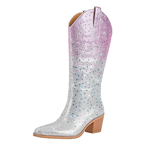Women's Rhinestone Chunky Heel Knee High Boots