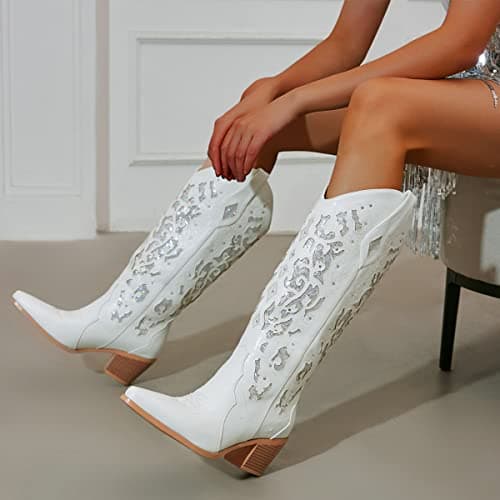 KiutSymo Sparkly Vintage Embroidered Cowgirl Boots Mid Calf Heel Wedding Western