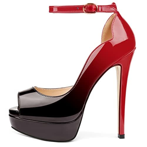 MERUMOTE Women's 6 Inch Stiletto Heels Peep Toe Pumps for Dress & Wedding Party — Red-black Ankle Straps