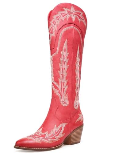 Red RONILURN Women's Cowboy Boot Mid Calf Embroidered Pointed Toe Pull-On Boot — Red Knee High