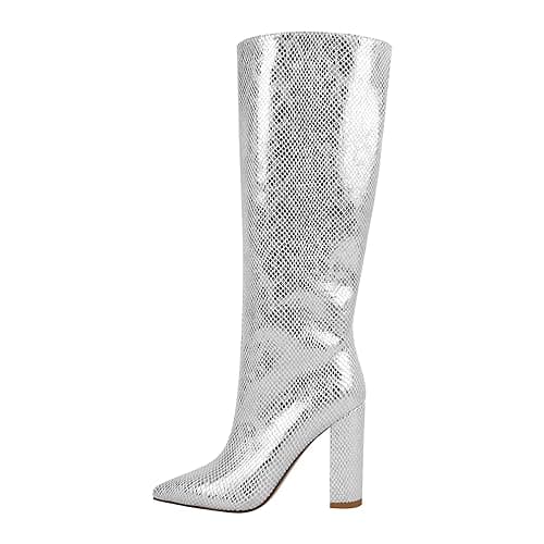 Richealnana Women's Chunky Heel Snake Print Knee High Boots — Silver